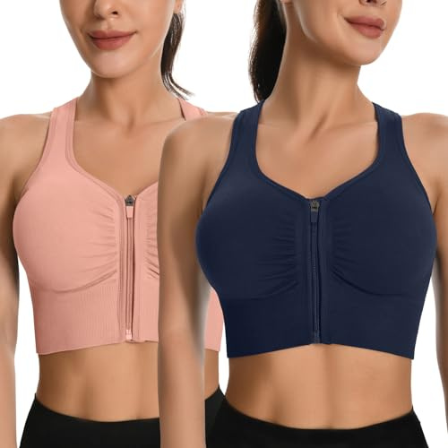 2 Pièces Brassiere Sport Femme avec Zip, Ouverture Fermeture Devant Maintien Moyen sans Armature sans Couture Soutien Gorge Sport (Marine Rose, S)