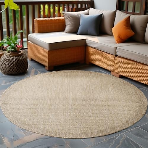 Carpetsale24 In- & Outdoor Teppich Wetterfest 200 cm Rund Einfarbig Beige - Waschbar, Wasserfest, Pflegeleicht und Flachgewebe - Ideal für Balkon, Garten, Terrasse und als Küchenteppich