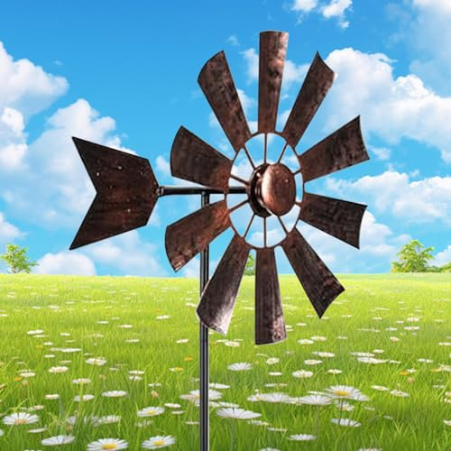 Molino de viento para patio, 28.7x9.5 metal de arte de patio de metal, hilanderos de patio de estaca de metal al aire libre, multicolor de energía solar con molinos de viento de escultura de viento p