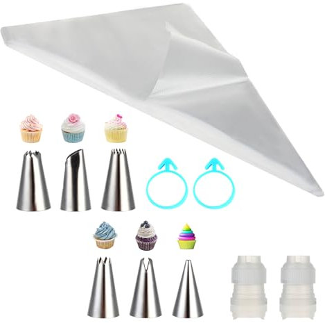 (100 Stück) Spritzbeutel einweg set, Spritzbeutel mit Tüllen 30 * 20CM + 6 Spritztüllen + 2 Kuchen Kupplungen + 2 Silikon Kabelbinder, Großes Piping Bag Set für Dekorieren von Kuchen, Keksen, Cupcakes