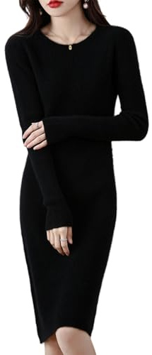 Ailaile Robe pull en laine mérinos pour femme - Col rond - Manches longues - Col rond - Coupe ajustée - Automne et hiver, noir, Taille M