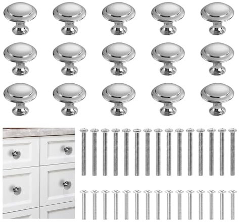 Asheyya 15 Pcs Silver Cupboard Door Knobs, 27mm Stainless Steel Handles Knobs for Cupboards Wardrobe Furniture