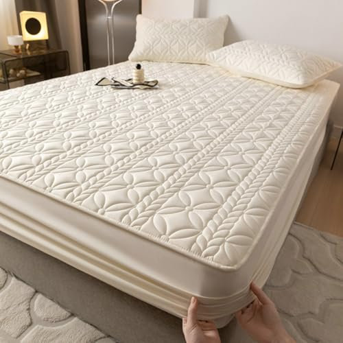 Lirzxin Spannbetttuch 150x200x30 cm, Boxspringbett Spannbettlaken Gewaschene Baumwolle Einfarbig mit Blumen Weizen Struktur Spannbetttücher Doppelbett Weiches und Atmungsaktives, Beige Weiß