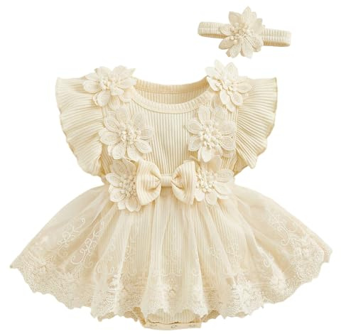AIEOE Robe Bebe Fille d'été sans Manches Robe Bapteme Fille Robe Fille Anniversaire Vêtements Bébé Fille Beige 3-6 Mois
