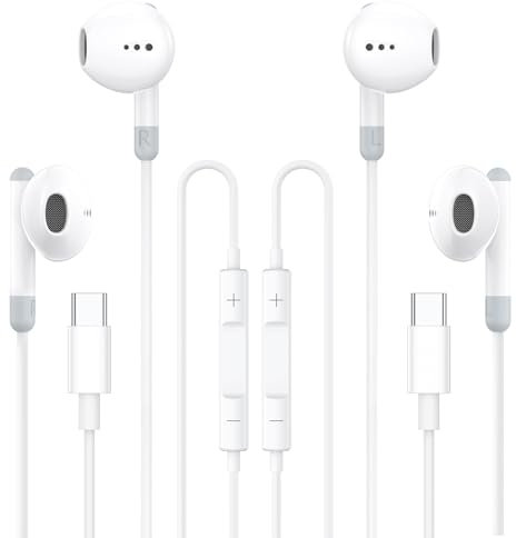 Auriculares USB C para iPhone 16, 2 Pack Auriculares con Cable Tipo C, Auriculare In Ear Cancelacion Ruido con Micrófono y Control de Volumen para iPhone 16 15 Pro MAX, Samsung Galaxy S25 S24 S23