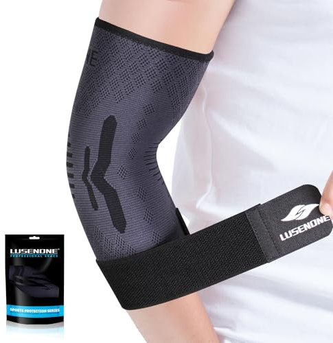 Lusenone Coudière avec sangle pour femme/homme - Manchon de compression pour coude réglable - Pour tennis, golfeurs, tendinite, soulagement de l'arthrite, haltérophilie, gym, taille L