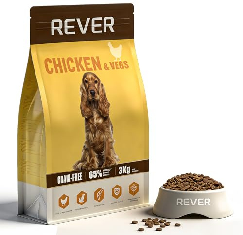 REVER EA3 Crocchette per Cani Adulti Senza Cereali con Pollo Fresco – Cibo per Cani 65% Proteine Animali, Formula Completa ed Equilibrata per Digestione Sana, Energia e Salute Muscolare – 3 kg