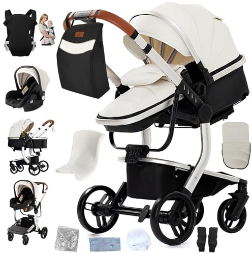 Doraystar PU-Leder Kinderwagen 3 in 1, Kombikinderwagen 3 in 1 mit Zwei Umkehrbaren Schiebemodi, Kinderwagen Set mit Ein-Klick-Faltdesign, Komplettset Rahmen Aluminiumlegierung (L518 White)