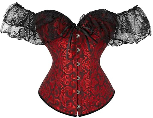 Corsé para mujer, estilo gótico del Reino Unido, hombros descubiertos, con cordones, con mangas cortas, faja moldeadora, lencería vintage para novia, disfraz de Halloween, para adultos, Vino, XL