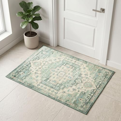 Aspire Homeware Machine Washable Area Rugs for Bedroom Small Sage Green Rug 40x60 cm Low Pile Non Slip Bedside Rug, Entryway Floor Carpet Traditional Vintage Design Mat for Kitchen Bathroom, Ember