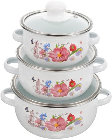 SMASOLO 3 Pièces Marmite Émail Double Poignée avec Couvercle Casserole à Soupe Rétro pour Cuisson à Fond Plat pour Ragoût et Nouilles Facile à Nettoyer et Résistante Lot