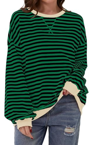 DUOEASE Jersey Mujer Otoño Cuello Redondo Manga Larga Rayas Camiseta Casual Oversize Sudadera Mujer Sin Capucha(Verde-Negro-Albaricoque XL)