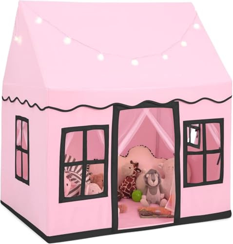GOPLUS Tienda de Campaña Infantil, Carpa de Juegos con Luces de Estrellas, Alfombrilla Antideslizante, Cortina de Malla, Tipi Infantil para 3 Niños/2 Adultos, Fácil de Montar y Lavar (Rosa)