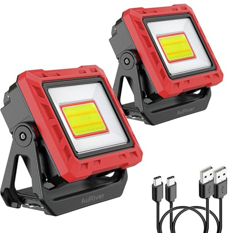 AuRiver 2 lámparas LED de trabajo, 2000 lúmenes, superbrillantes, lámpara de taller portátil, con función de banco de energía, para garaje, taller, construcción, camping (rojo 1-2)