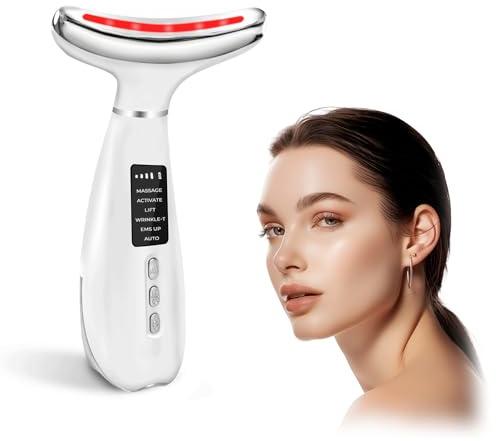 Focenat Massaggiatore Viso,Radiofrequenza Viso,Massaggiatore Antirughe,EMS Lifting,Dispositivo di Bellezza Antirughe,6 Modalità,7 Colori LED,Trattamento Caldo 45℃,per Collo e Viso