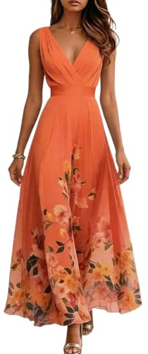 shownicer Vestito Donna Elegante Abito Cerimonia Vestito Lungo Stampa Floreale Senza Maniche Scollo a V Vestiti in Chiffon Estate