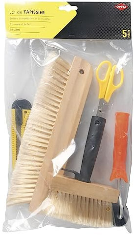 COGEX - Kit pose papier peint, outils tapisserie - 5 pièces - Brosse à encoller, brosse à maroufler, roulette, ciseaux et cutter - Permet de poser du papier peint - Pratique - Kit à papier peint.