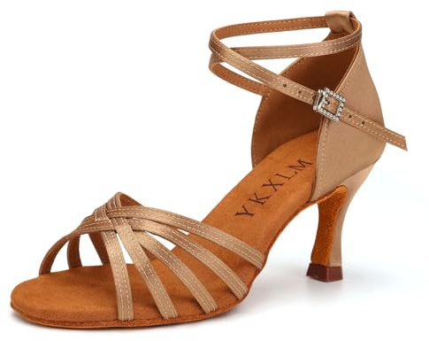 YKXLM Women's Latin Dance Shoes Satin Open Toe Ballroom Salsa Dance Practice Performance Dancing Shoes,3 in Heel,Beige,5.5 UK
