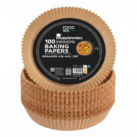 MasterPRO Foodies – bakpapper för varmluftsfritös, BPA-fritt, 100 stycken set runda 20 cm pappersformar för Air Fryer med 3–4,5 l korg, oblekt, perfekt tillbehör för AirFryer