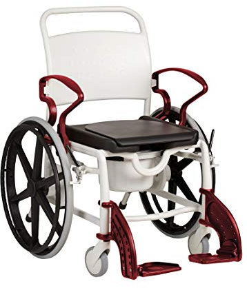 FabaCare Dusch- Toilettenrollstuhl Miami, 24 Zoll Räder, bis 150 kg, made in Germany, Premium Toilettenstuhl, Duschstuhl fahrbar, Rollstuhl mit WC Eimer, Grau-Rubinrot