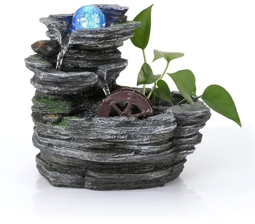 POWLAB Tabletop Water Fountain,Environmental Resin Meditation Waterfall,Desktop Fountain with Waterwheel,Indoor Waterfall Feature with Crystal Ball and Light for Home Office Decor Relaxation 10X7X11in