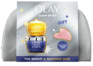 Olay Geschenkset mit Vitamin C+AHA24 Creme & Retinol24 Nachtcreme für helle & glatte Haut, inklusive Beutel & Gua Sha Gesichtsstein