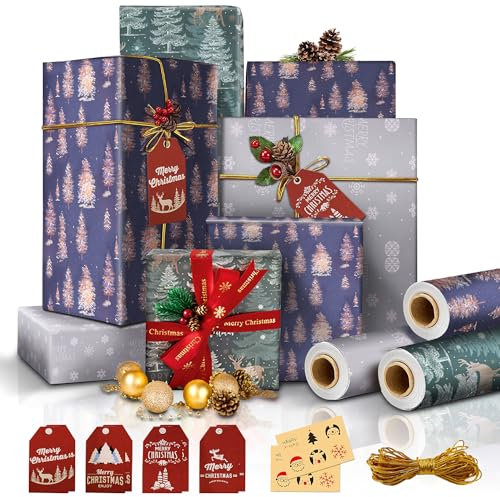 Weihnachtspapier Geschenkpapier Edel 3 Rollen, Geschenkpapier Weihnachten Rollen 15m, Weihnachtsgeschenkpapier mit 10m Seil + 8 Anhänger + 12 Aufkleber, Geschenke Papier Vintage Set (44cm×5m 3 Rollen)