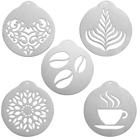 hobbyme 5Pcs Stainless Steel Coffee Decorating Stencils Metal Foam Latte Art Templates, Reusable Barista Cappuccino Chocolate Templates Coffee Garland Mould Cake Decorating Tool
