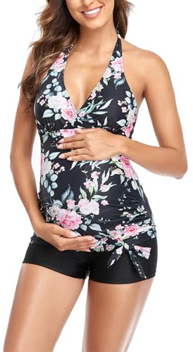 Daysskk Tankini pour femmes enceintes Maillot de bain 2 pièces Maillot de bain de grossesse Dos nu Femme S-XXL, Noir , L
