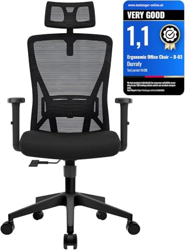 Durrafy D-03 Ergonomic Office Chair, Adjustable Lumbar Headrest 150kg Capacity Breathable Mesh Swivel Desk Chair for Home Office Black