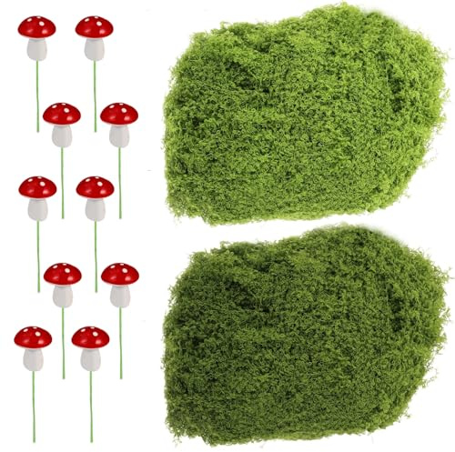 TOPCZY 200g Reusable Lifelike Fake Moss, Decorative Artificial Moss, Simulated Faux Reindeer Moss, Everlasting Moss with 10 Fake Mushrooms, Crafting Lichen for Home Garden Floral Arrangement