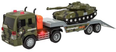ColorBaby Speed&Go militär leksaksbil med ljus och ljud, 1:16 skala militär biltransportbil, 360 graders roterande leksakstankar, miniatyrbil med militärtank (49902)