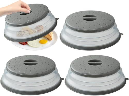 Lostwry Tapa para Microondas Plegable, 3pcs Colador de Silicona Plegable Cubierta de Alimentos para Plato, Colar Enjuague Frutas, Gris