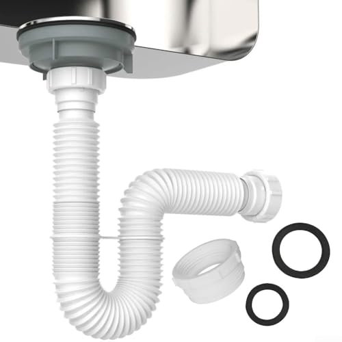 SPORTARC Flexible Sink Drain Pipe Kit, 1-1/2 & 1-1/4 P-trap With Adapter, White, Plastic, HARDWARE_TUBING, 1 Pack