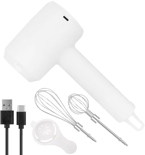 NIUAWASA Batidora eléctrica recargable, funciona con batería portátil, con batidor espumador de mano 3 velocidades y 2 varillas desmontables, para cocinar y batir huevos y batido crema (color blanco)