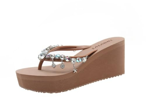 Tongs de Piscine à Plateforme Été pour Femmes Tongs de Plage Compensées Femme en Strass Pantoufles de Piscine EU 38 Marron