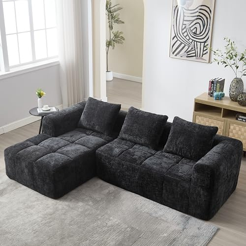 Soweiz Sofá L, sofá de 3 plazas, sofá seccional, no requiere instalación, sofás de chenilla con chaise longue y reposabrazos, 3 cojines, bolsillo lateral para mando a distancia, 250 x 158 x 60 cm