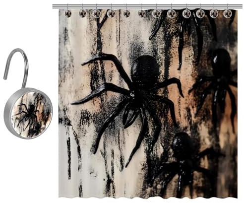 VAPOKF Tenda da doccia con stampa ragno nero, tenda da doccia in poliestere con 10 ganci in acciaio inossidabile, tenda da doccia rustica per bagno in stile rustico 167 x 182 cm