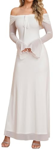 VKIHOC Off Shoulder Long Sleeve Maxi Dress Bodycon Tie Party Formal Wedding Guest Dresses for Women 2026 White