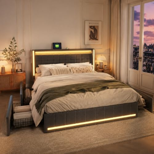 MIOOSUT Dubbelsäng med 4 lådor, vadderad säng med förvaring av dubbelsäng med LED-sängunderlag och USB-bagageutrymme 180 x 200 cm, med 2 personer (grå-B, 180 x 200)