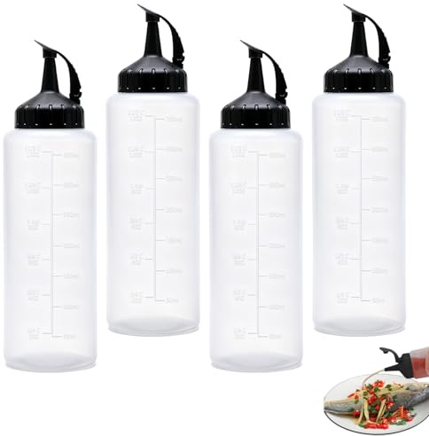 NCOALE 4 Stück Quetschflasche, 350ml Squeeze Flasche Spritzflasche für Mayo Soße Senf Olivenöl mit Trichter
