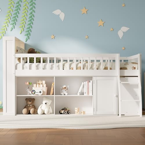 SIYSNKSI Queen Size Loft Bed with Storage and Headboard, Wood Low Loft Bed with Open Shelves and Ladder for Kids Boys Girls, Space Saving Design (white-63y)