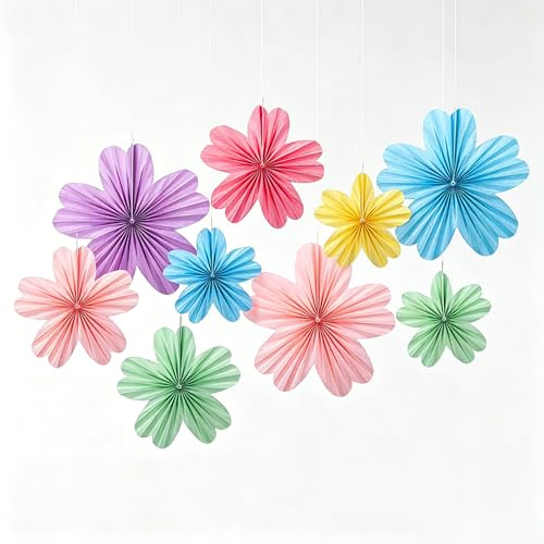 9 Pcs Pastel Paper Flowers Decorations Set, Pastel Birthday Decorations, Hanging Paper Fan Decor for Birthday Parties, Mother’s Day, Floral Celebrations - 3 Sizes Macaron Colour Theme
