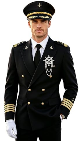 Sjömansoutfit För Män - Vuxen Hatt Handskar Slips Marinblå Skjorta Och Uniform,Yachtkapten Outfitkläder Festdräkt | för Rollspel Teater Framträdanden Fester Kryssningsresor Fisketurer