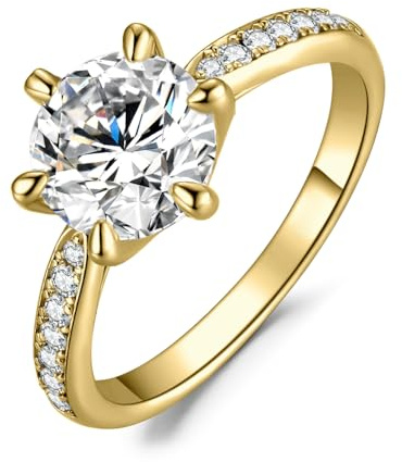 JewelryPalace 3ct klassisk solitärring för dam pläterad 14K gult guld kubisk zirkon, simulerad diamant guld ringar med sidostenar, enkel ring förlovning guld smycken set dam 19,5