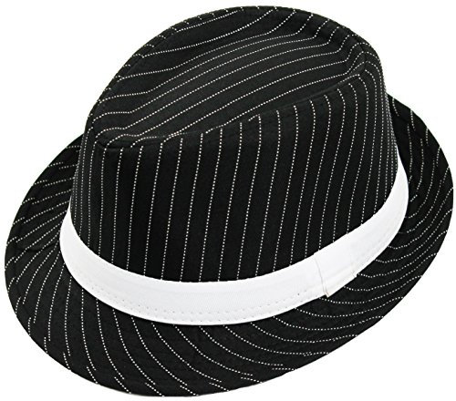 Trilby-Hut mit Nadelstreifen, luxuriöser Hut, Schwarz mit weißen Streifen und weißem Band, Gangster-Stil, Größe 58 cm, in 2 Farben erhältlich