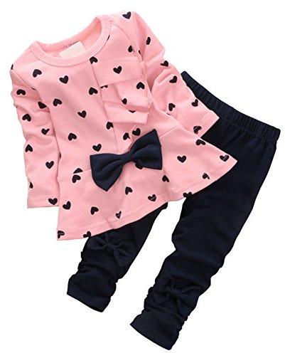CHIC-CHIC Fille Enfant Ensemble en 2 PCS T-Shirt Longues Manches + Pantalons Blouse Tee Blouse Motif Cœur Noeud Papillon (18-24mois, Rose)