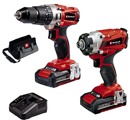Einhell Power X-Change 18V Cordless Drill And Impact Driver Set With 2 x Batteries, Charger And Storage Bag - TE-CD 18/44 Li-i + TE-CI 18/1 Li Brushless Combi Drills And Driver Sets Cordless