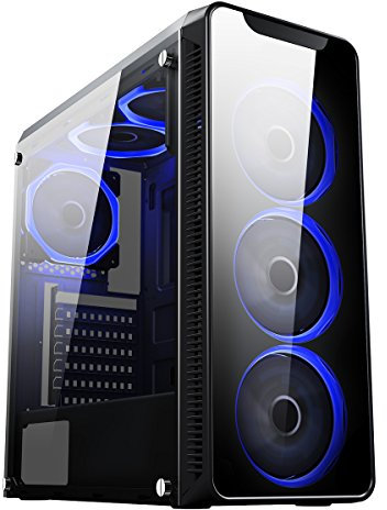CiT Blaze PC Gaming Case, Mid-Tower ATX, 6 Halo Single-Ring Blue LED Fans, Tempered Glass, Water-Cooling Ready, For Enhanced Gaming | Black