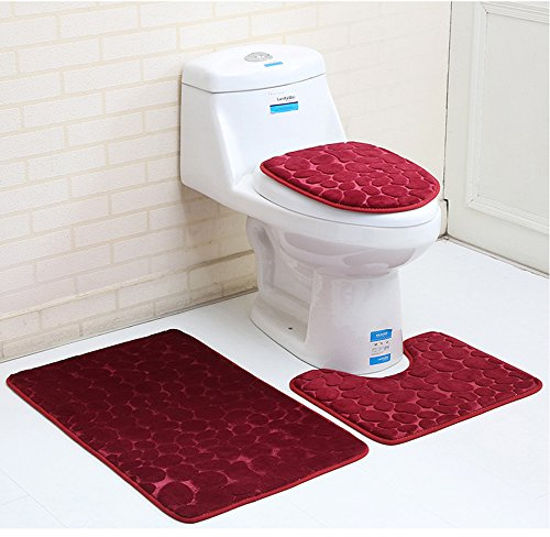 Alfombra de baño de 3 piezas Alfombrilla de ducha de espuma con memoria ,Alfombra de Contorno en Forma de U y Cubierta del Asiento del Inodoro (Rojo)